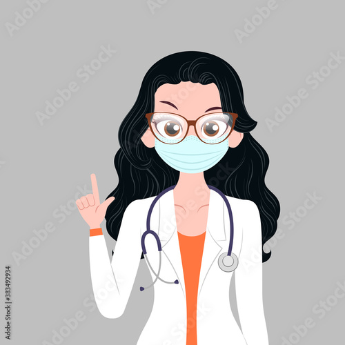 Young lady doctor character wearing medical mask with stethoscope