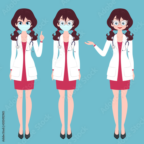 Young lady doctor character in different poses wearing medical mask with stethoscope