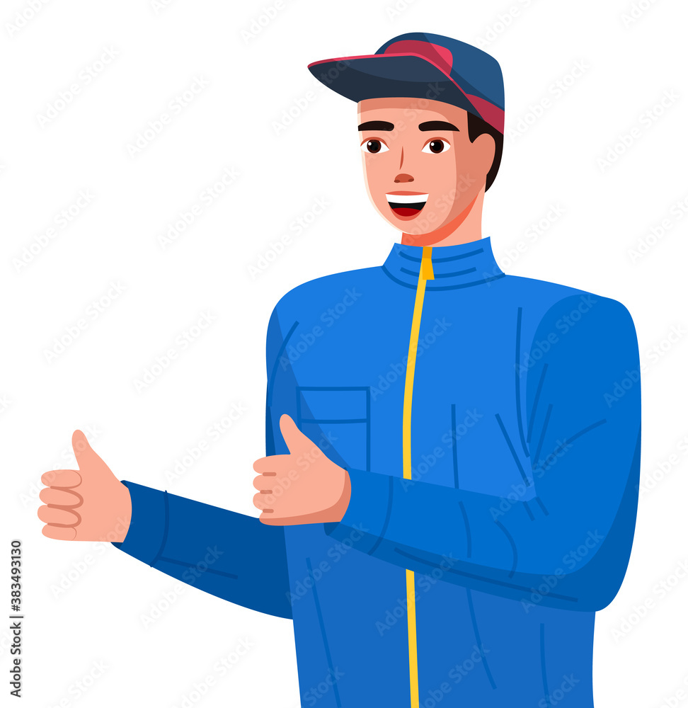 Positive young man making thumbs up sign with both hands. Guy in a sports sweatshirt with a lock and a cap. Male character showing okay sign, trendy person making ok or cool gesture with fingers