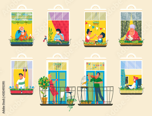 Neighbors people in house windows vector illustration. Cartoon flat man woman characters in neighboring home apartments play violin, do sport exercises, grow plants, neighborhood everyday activity