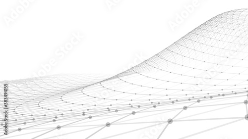Futuristic white futuristic background. Wave with connecting dots and lines on wave background. Abstract interlacing lines and points. Digital connection of elements. Imitation waves.