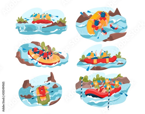 People rafting on river vector illustration set. Cartoon flat man woman active team of characters sitting in rubber boat, holding oars, canoeing. Rafting water extreme sport activity isolated on white