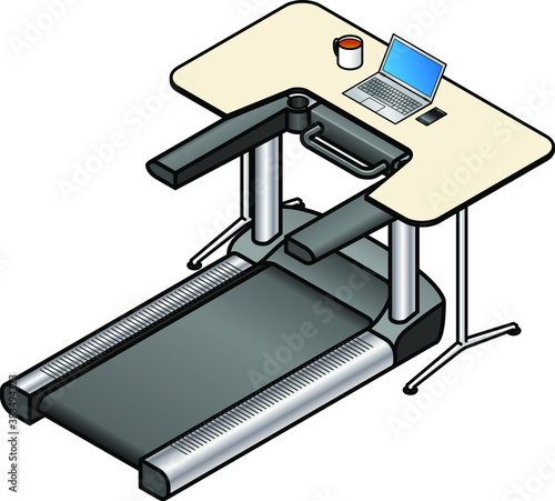 A walking desk - office desk with a treadmill installed instead of a chair. With a laptop and coffee on the desk.