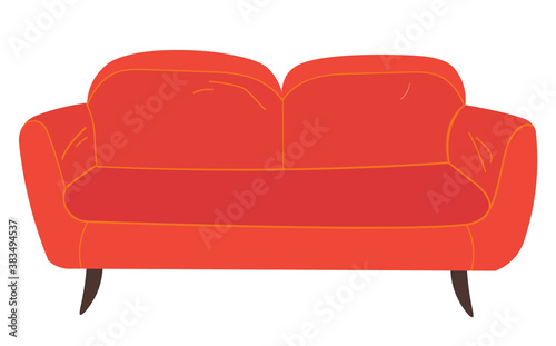 Retro red colored sofa. Living room furniture design concept modern home interior element vector. Contemporary furniture for living room or home office. Fashion couch with soft cloth upholstery
