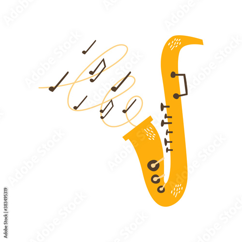 Flat vector illustration of a cartoon saxophone on a white background