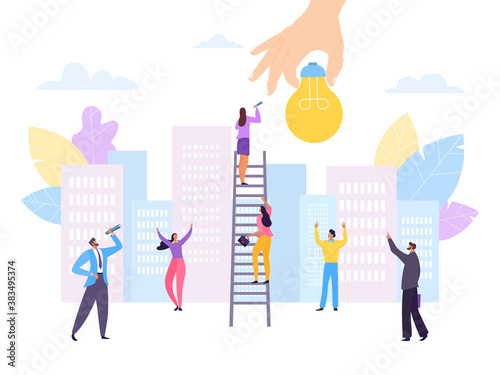 Business achievement, flat hand with success idea vector illustration. People business man character climbing for creative idea concept. Inspiration for innovation light solution at city background.