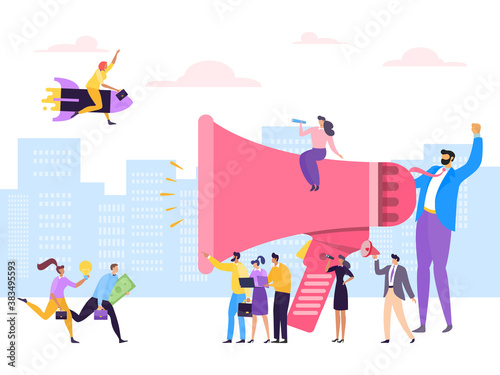 Advertising business people for communication by loudspeaker, vector illustration. Megaphone promotion teamwork, marketing announce character. People run to message concept banner.