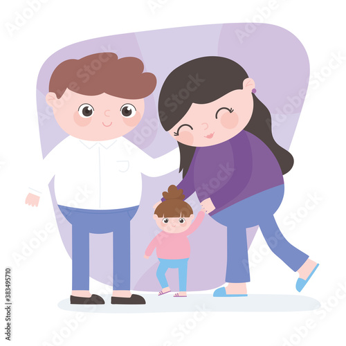 pregnancy and maternity, cute parents with little daughter walking