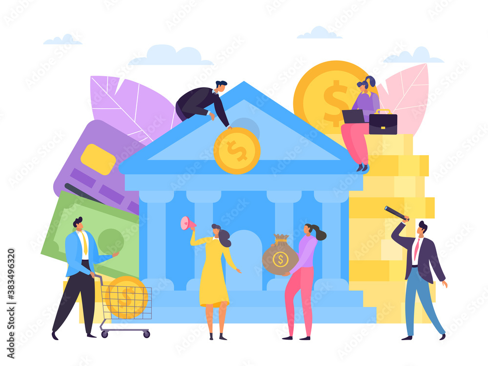 Naklejka premium Money saving in flat bank, vector illustration. Banking business finance concept at background design. People character with currency and cash investment have payment, deposit in bank.