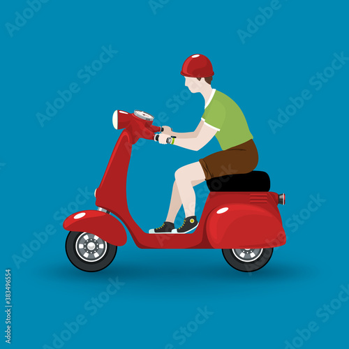 Young guy rides a scooter, red vintage scooter with man isolated on blue background, vector illustration
