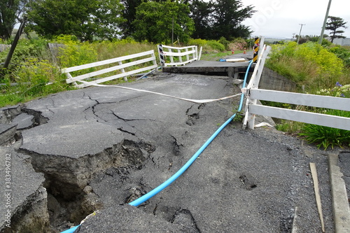 Road and bridge damaged by earthquake in Kaikoura on New Zealand's south island