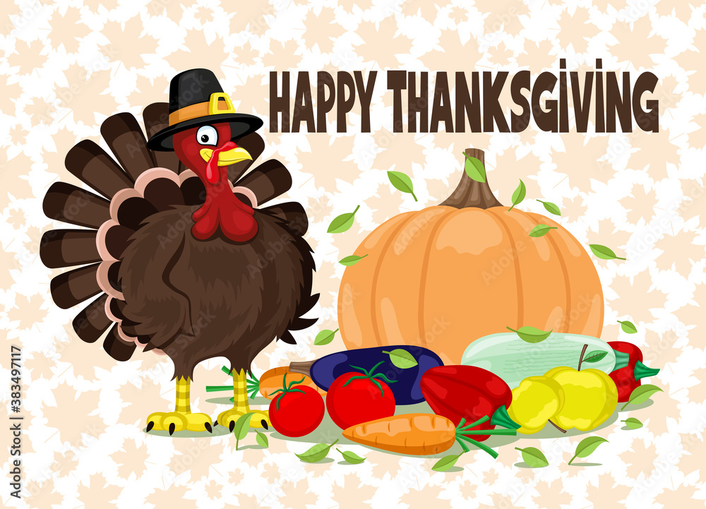 Obraz premium Illustration with turkey and harvest for Thanksgiving Day.