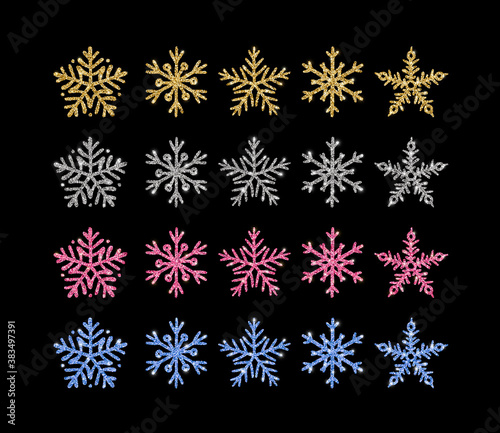 Gold glitter texture snowflake hand drawn icons set on black background. Vector Shiny Christmas, New year and winter sparkling golden, silver, pink and blue symbols for decoration, greeting card