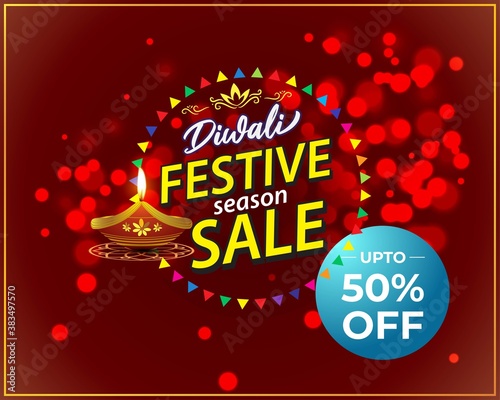 Diwali Festive Season Sale banner, 50% off,  on beautiful bokeh backgrund. Dipawali, Indian festival, diya lamp, oil lamp, colorful bokeh background, vector illustration offer banner, advertisement