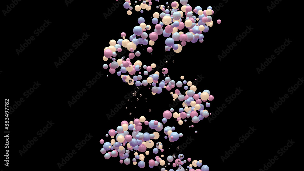 Spiral of colorful balls. Black background. Abstract illustration, 3d render.