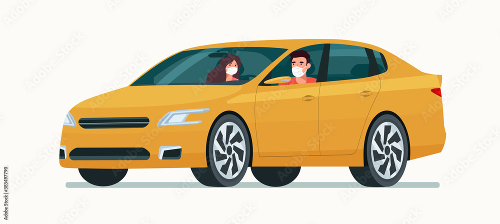 Naklejka premium Sedan car with a young man and woman in a medical mask isolated. Vector flat style illustration
