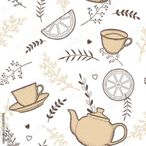 Teapot, cups, lemon slices ...