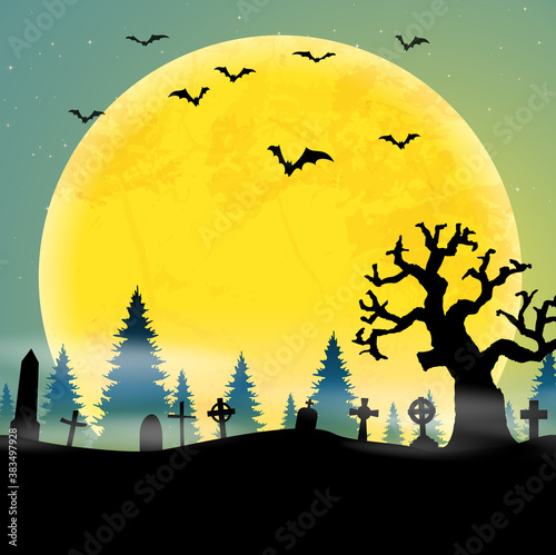 halloween cemetery in front of woodlands with full moon