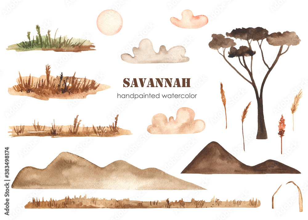 Mountains, tree, clouds, dried flowers watercolor constructor savannah landscapes