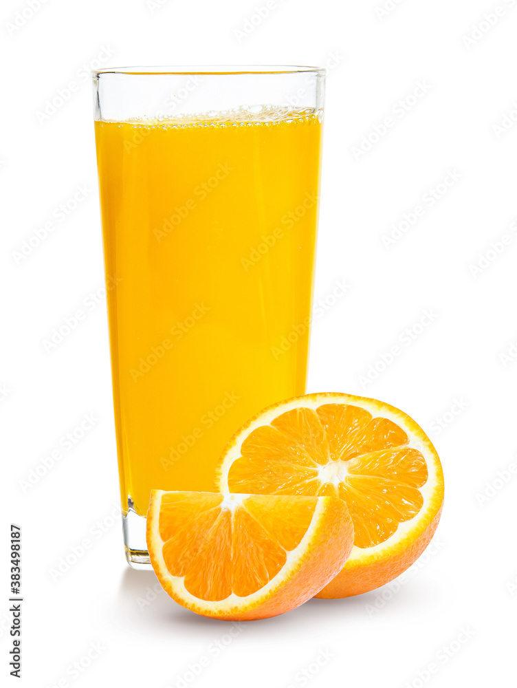 Fresh orange juice in glass or bottle with fruits, isolated on white Fresh orange juice in glass or bottle with fruits, isolated on white