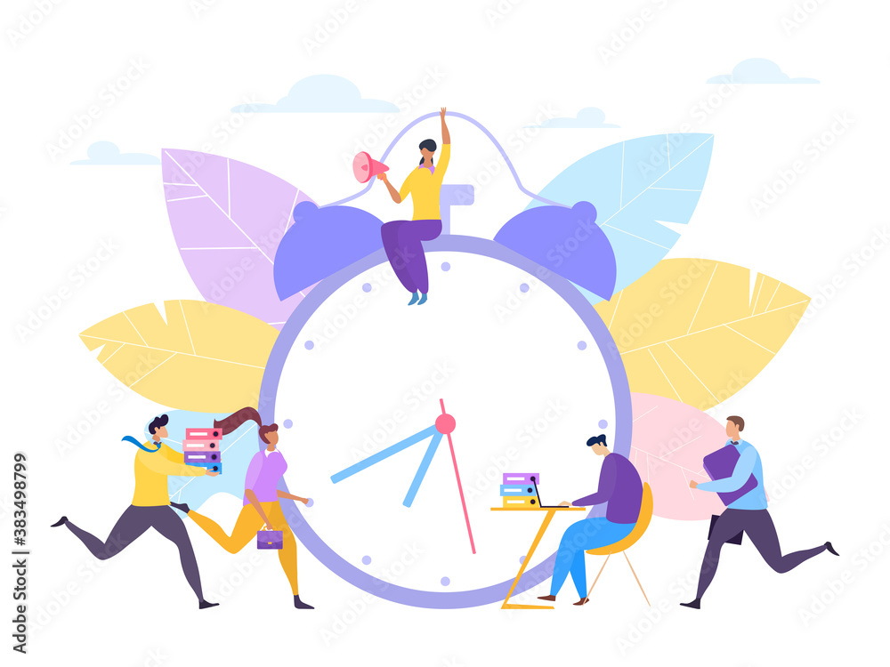 Time clock for work, vector illustration. Business people character control flat deadline and cartoon alarm design concept. Hour timer watch at team job, employee management in office.