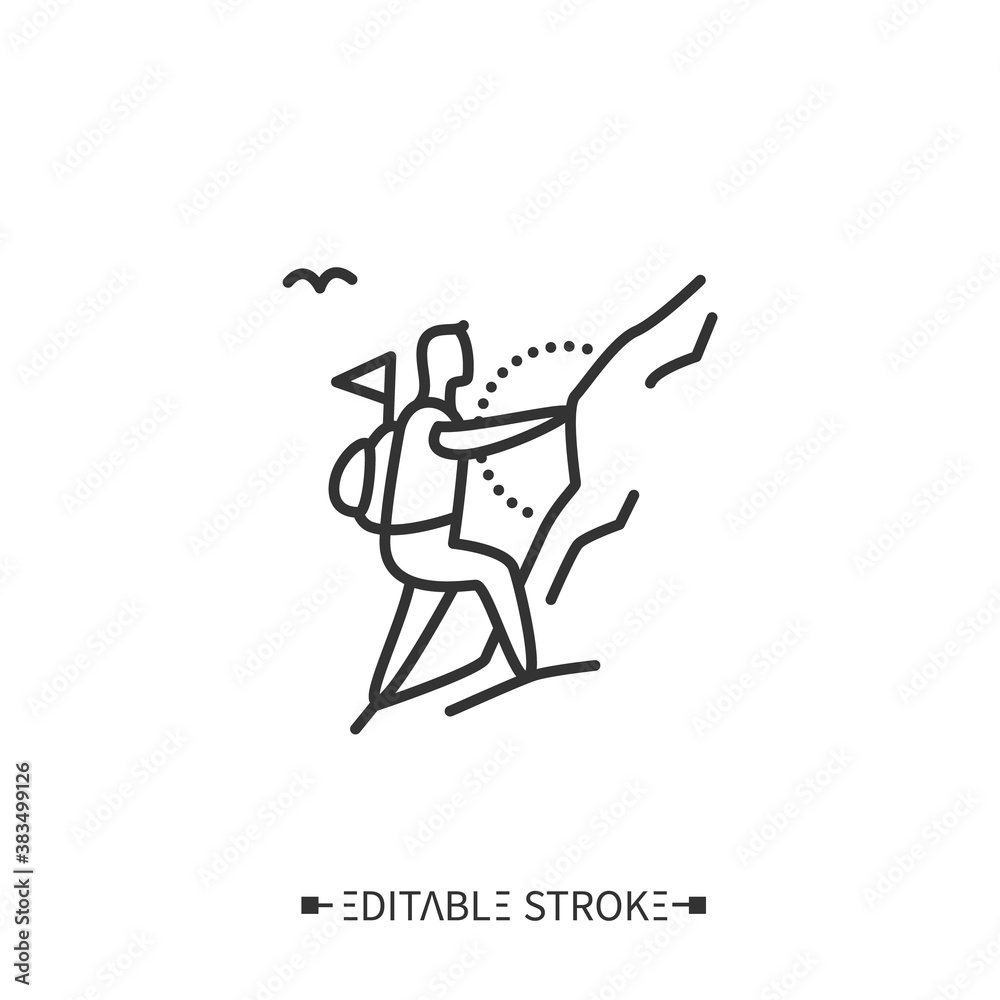 Mountaineering line icon. Alpinism. Adventure tourism. Trekking, hiking. Mountain climbing. Extreme travelling. Tourism types concept. Isolated vector illustration. Editable stroke 