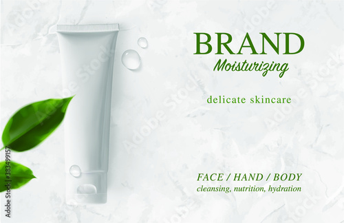 White moisturizer cream tube, drops and defocused leaves on luxury marble background realistic vector illustration, top view. Concept of natural organic bio skincare cosmetic