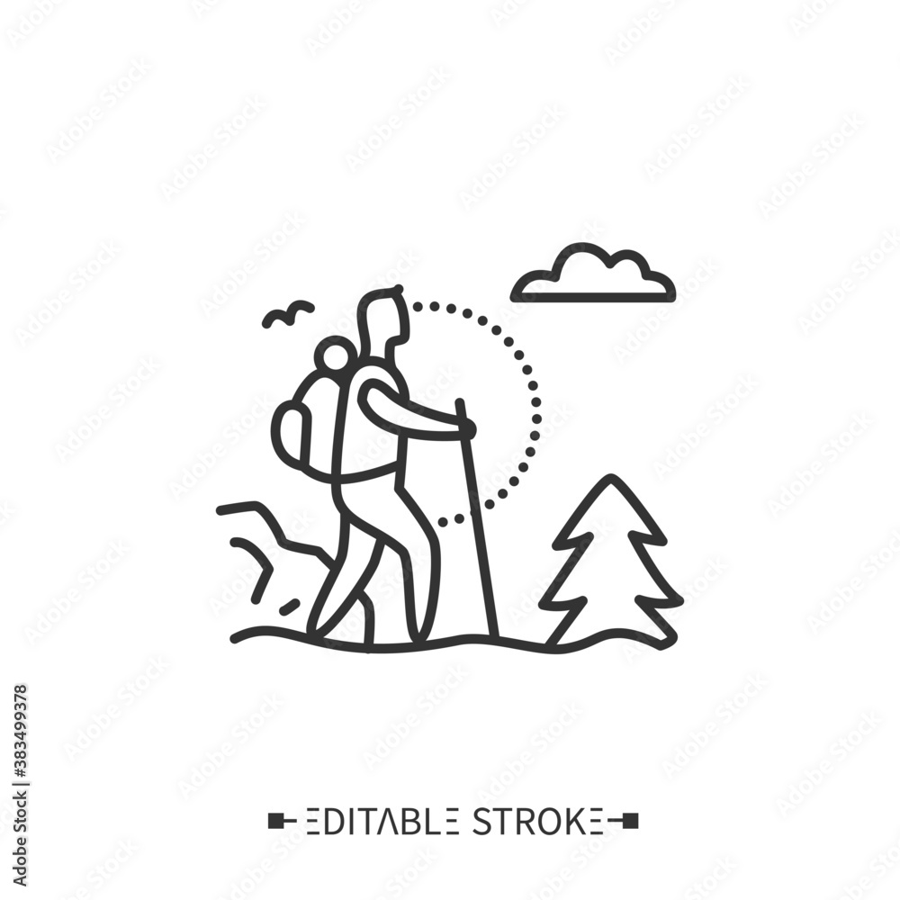 Trekking line icon. Adventure tourism. Mountain tourism. Backpacking. Long distance walking trip with camping stops. Mount climbing.Tourism types concept. Isolated vector illustration.Editable stroke Trekking line icon. Adventure tourism. Mountain tourism. Backpacking. Long distance walking trip with camping stops. Mount climbing.Tourism types concept. Isolated vector illustration.Editable stroke
