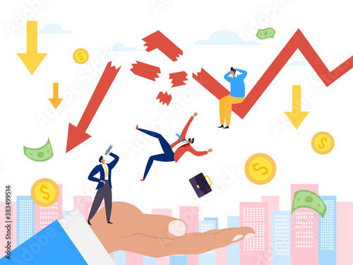 Bankruptcy and financial crisis  economy down graph vector illustration. Businessman finance and money recession  risk to loss business concept. Bad problem  decline graphic arrow in market.