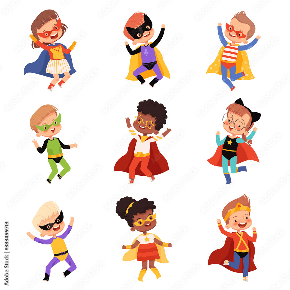 Set with cute kids superheroes. Joyful guys in superhero costumes jump and laugh Set with cute kids superheroes. Joyful guys in superhero costumes jump and laugh