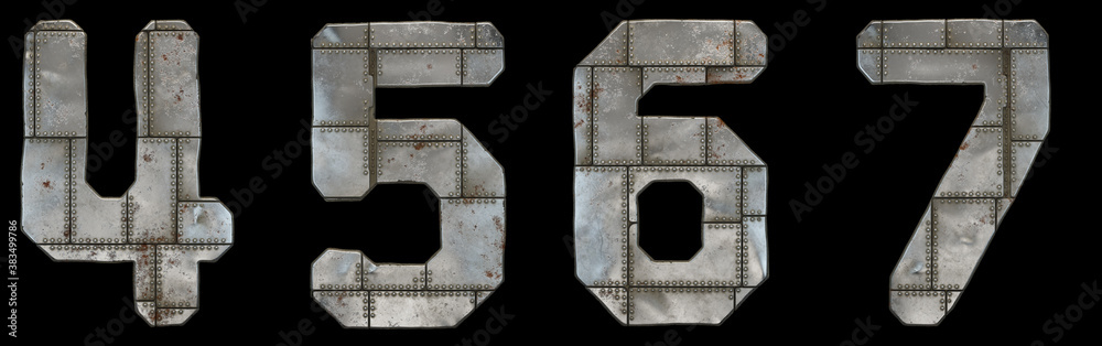 Obraz premium Set of numbers 4, 5, 6, 7 made of industrial metal on black background 3d