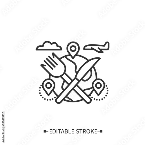 Food tour line icon. Culinary, cooking tourism to explore new food destinations. Gastronomic tour. Local cuisine. Tourism types concept. Isolated vector illustration. Editable stroke 