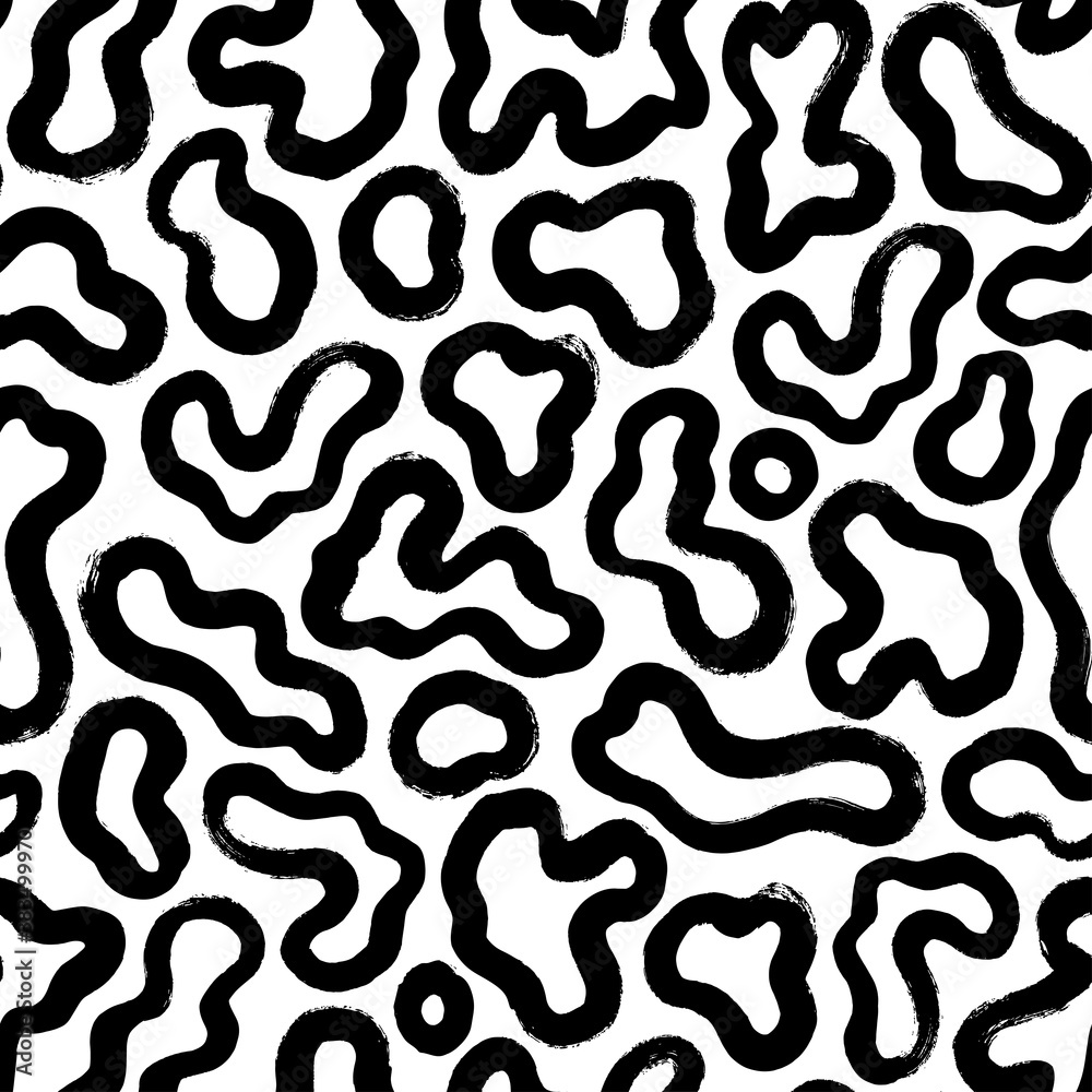 Fluid amorphous forms vector seamless pattern. Hand drawn black brush strokes. Organic irregular circular lines with circles. Hand drawn black and white organic shapes texture. Grunge squiggle lines Fluid amorphous forms vector seamless pattern. Hand drawn black brush strokes. Organic irregular circular lines with circles. Hand drawn black and white organic shapes texture. Grunge squiggle lines
