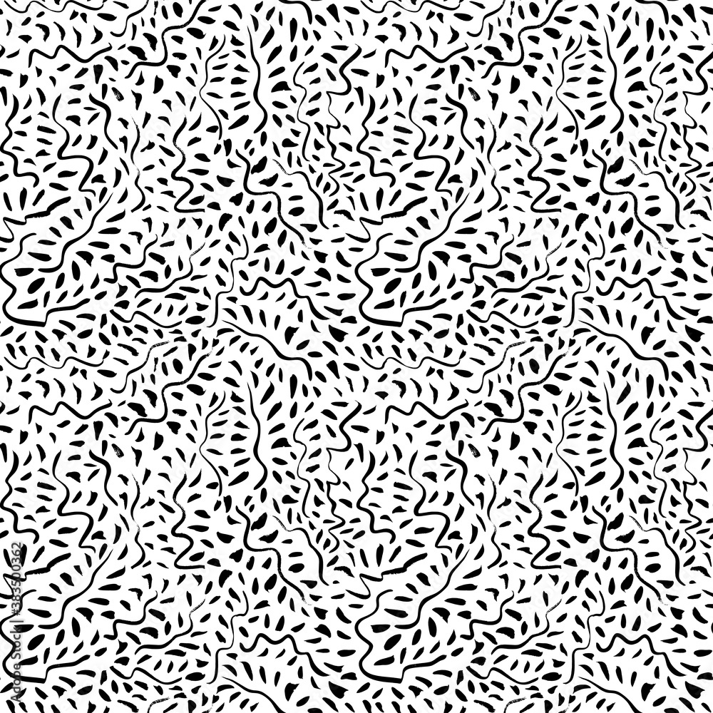 Hand drawn doodle lines with dots vector seamless pattern. Abstract leaves and branches. Grunge black brushstrokes. Hand painted ink background with dashes. Art illustration for wrapping paper Hand drawn doodle lines with dots vector seamless pattern. Abstract leaves and branches. Grunge black brushstrokes. Hand painted ink background with dashes. Art illustration for wrapping paper