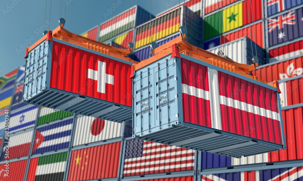 Freight containers with Switzerland and Denmark national flags. 3D Rendering