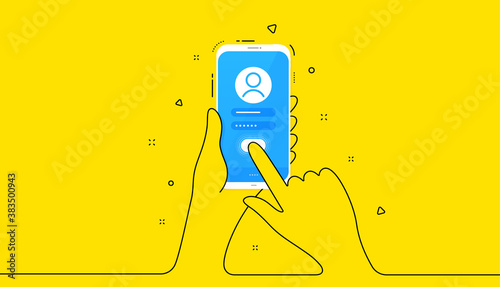 Register user online from phone. Mobile cellphone sign up password. Hand hold smartphone. Online login phone screen. Mobile user register form. Continuous line hands on yellow background. Vector