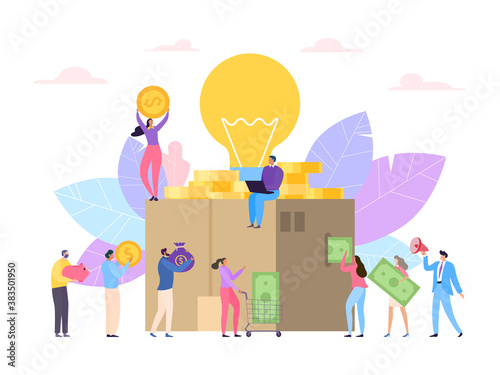 Business flat money design, crowdfunding concept vector illustration. Investor idea project, success people crowd contribute. Global donation and investment in idea, support service.