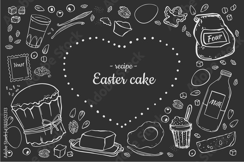 Easter cake and ingredients chalk outline on black background. In the shape of a heart inversion. Place for text.
