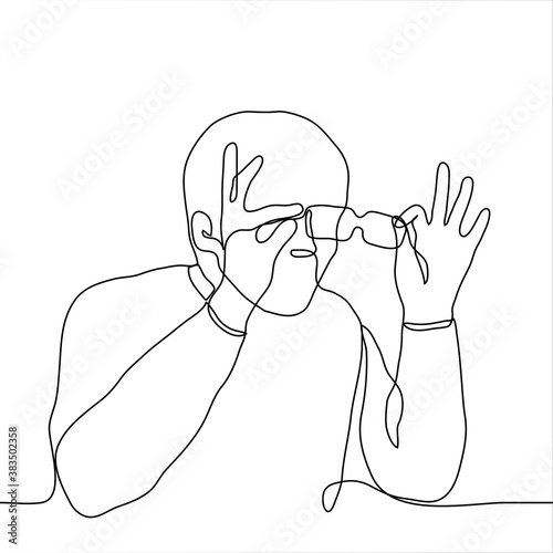 man is holding a pair of glasses that is trying to examine something. one line drawing trying to see carefully / in detail