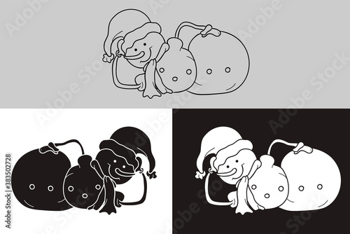 A snowman in a cap lies on its side. Three variants of a snowman - an outline, a white object on a black background, and a black object on a white background.