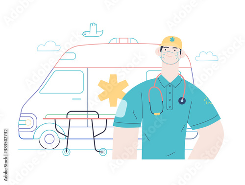 Medical insurance template -ambulance transport and emergency evacuation -modern flat vector concept digital illustration of a male paramedic and ambulance van. Medical service and insurance