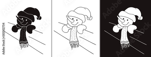 A snowman in a hat and scarf peeks out from behind the fence. Three variants of a snowman - an outline, a white object on a black background, and a black object on a white background.