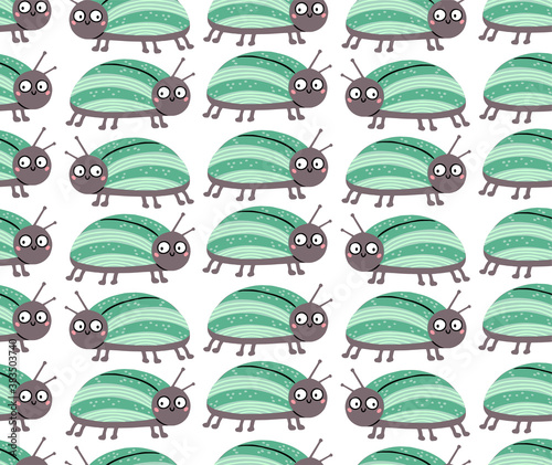 Seamless pattern with cute bug with funny surprised eyes. Vector illustration can be used for fabric, wrapping, wallpapers, web page backgrounds, textile.