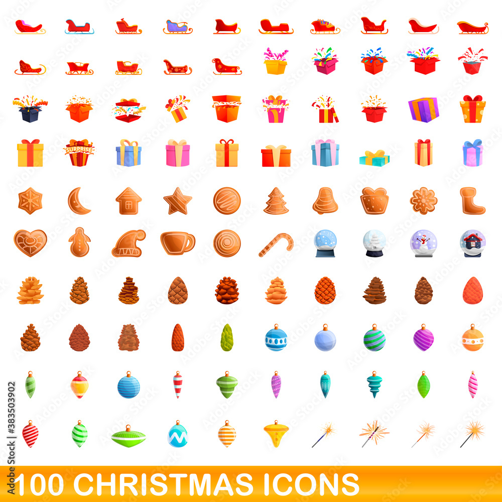 100 christmas icons set. Cartoon illustration of 100 christmas icons vector set isolated on white background