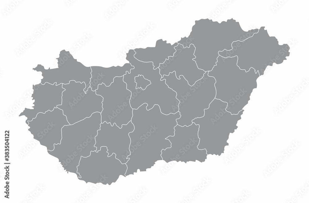 The Hungary map divided in counties and isolated on white background