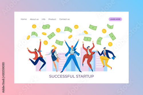 Successful business money, happy man woman vector illustration. Success people character jumping with cartoon dollar concept. Financial rich and flat wealth, currency economy rain design.