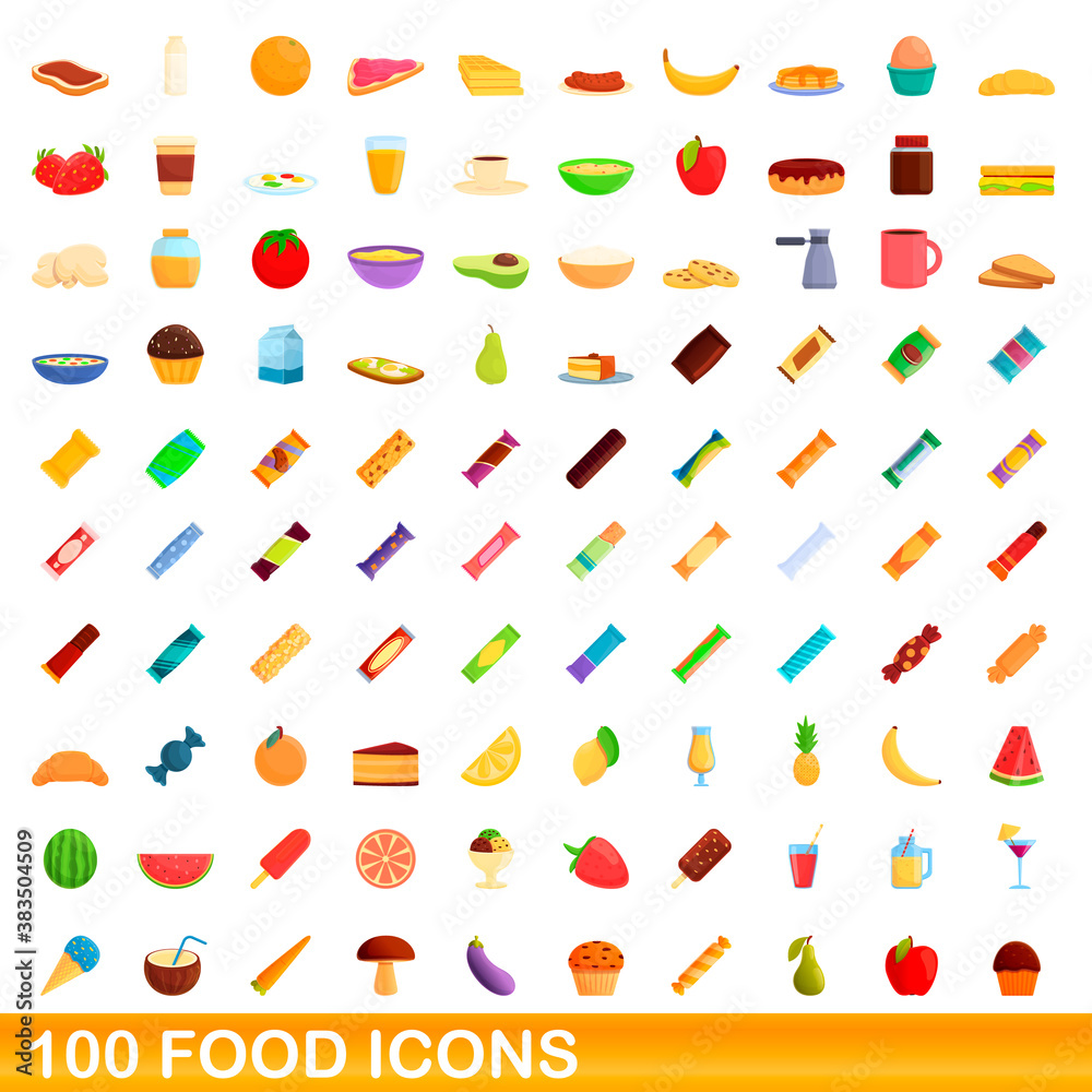 100 food icons set. Cartoon illustration of 100 food icons vector set isolated on white background 100 food icons set. Cartoon illustration of 100 food icons vector set isolated on white background