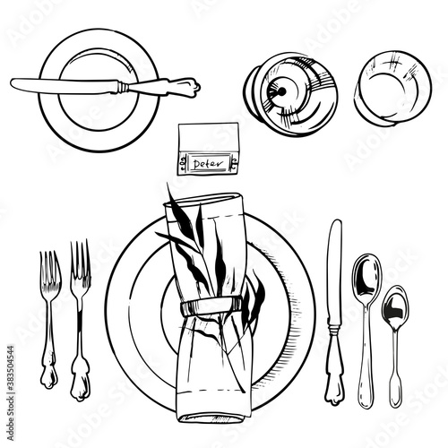 Banquet tableware set. Vector sketch illustration.