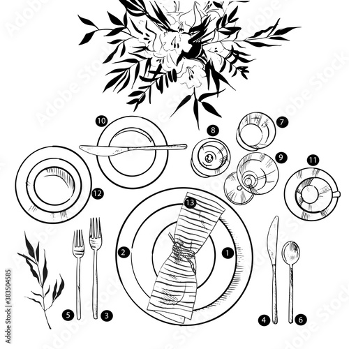 Banquet tableware set. Vector sketch illustration.