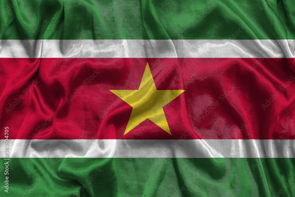 Suriname national flag background with fabric texture. Flag of Suriname waving in the wind. 3D illustration